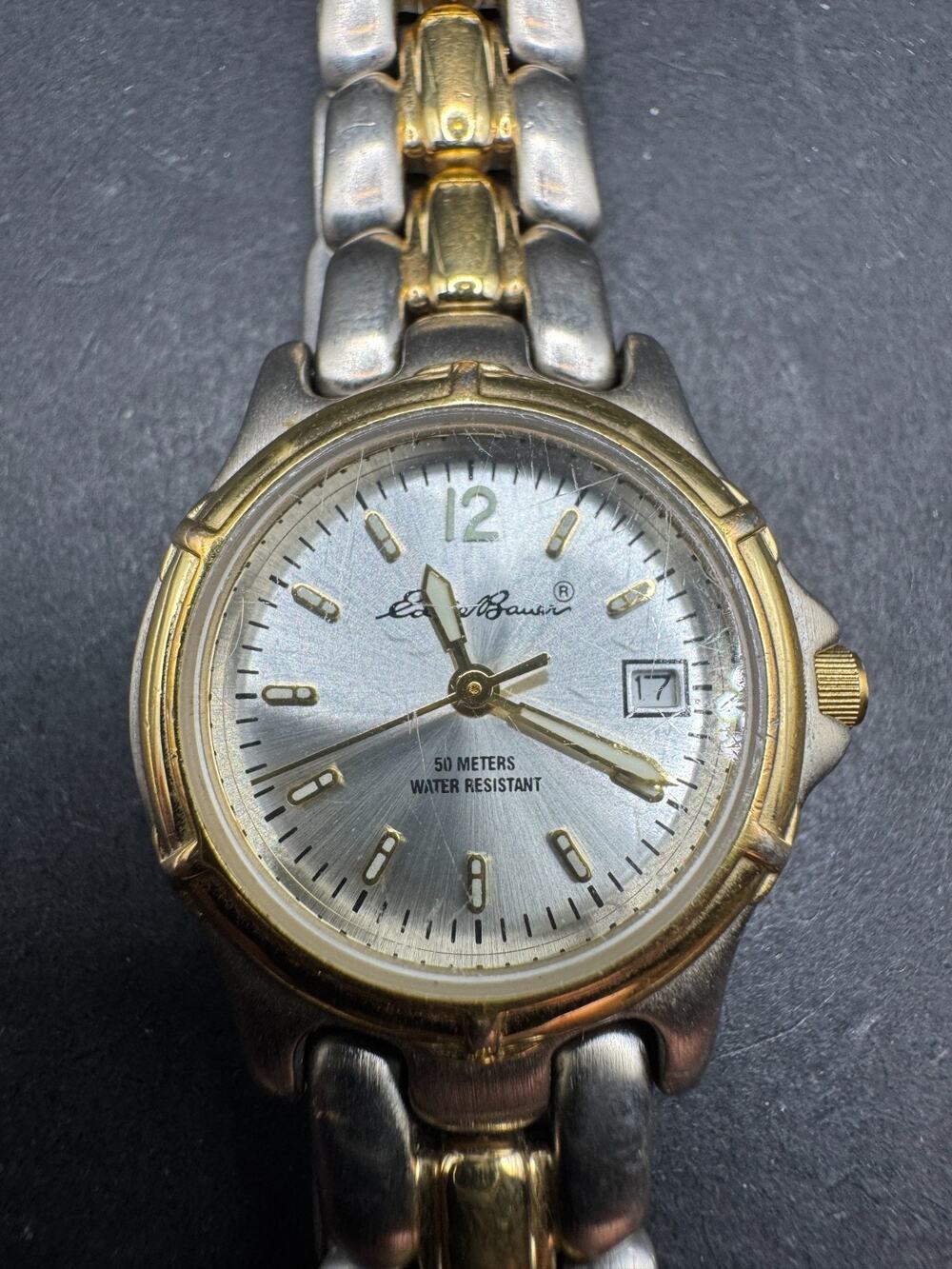 Eddie Bauer Sunray Bracelet 3779 Ladies Date Watch 25MM Two Tone 5ATM WR